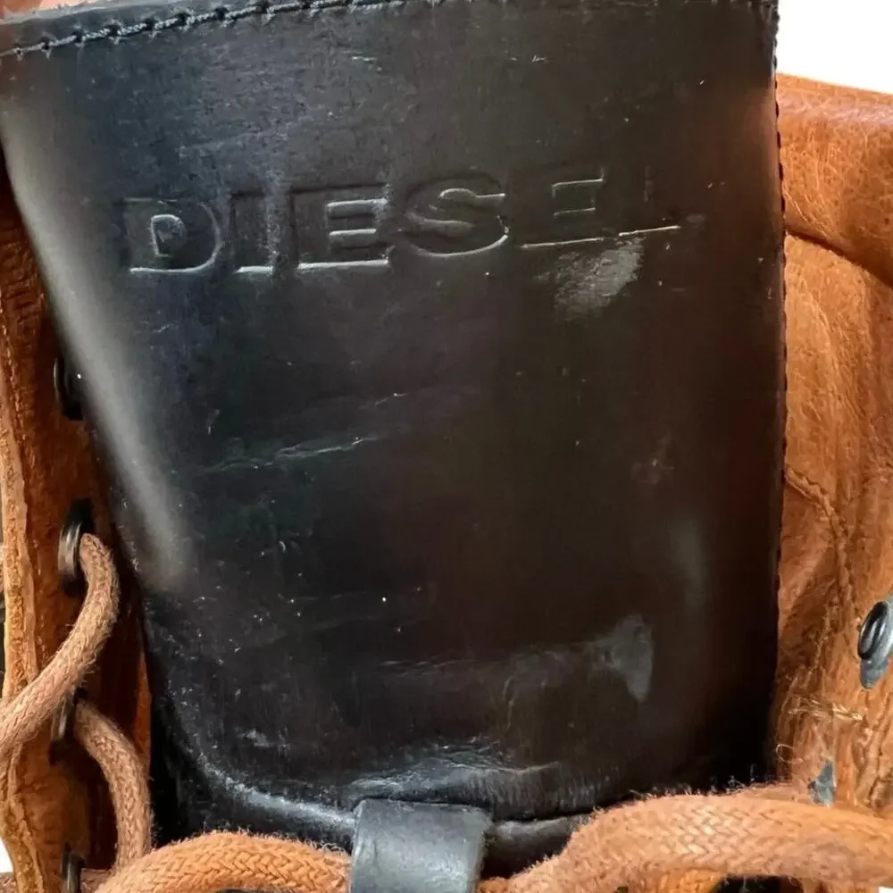 Diesel Tatradium Club Tatra Leather Boots Mens 12 Brown Navy Blue Moc Toe Y00839
